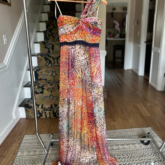 BCBGMaxAzria Inga One-Shoulder Halter Silk Maxi Dress in Begonia Multi Size 8 - Picture 2 of 16